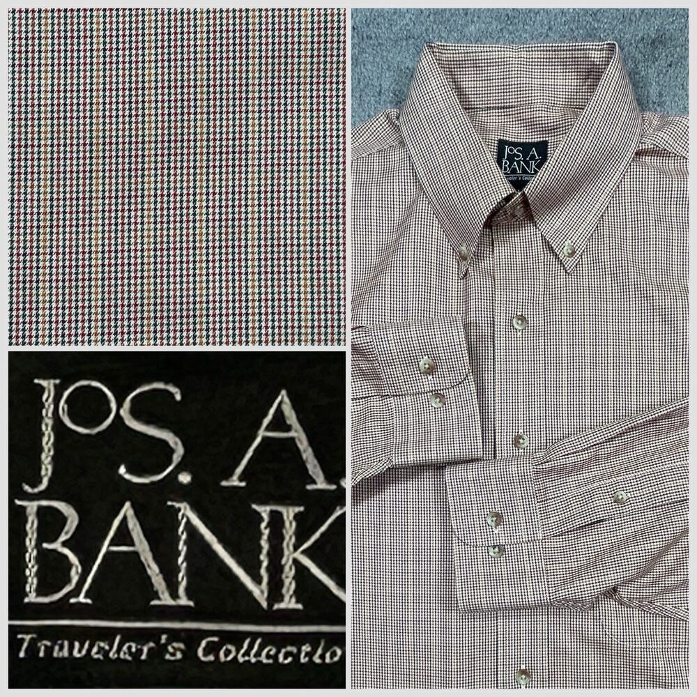 Jos A Banks Traveler Men Large Cotton‎ Houndstooth Brown Long Sleeve Button Down